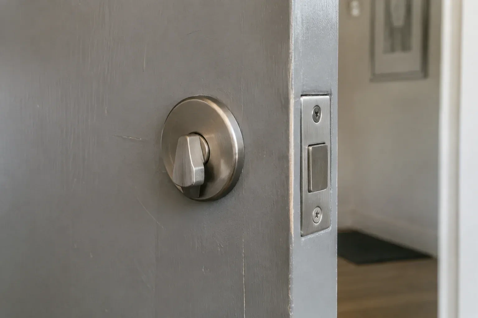 Close view of a satin-nickel deadbolt thumbturn and edge faceplate on a painted timber door. — Deadbolt Installation, Halton Hills
