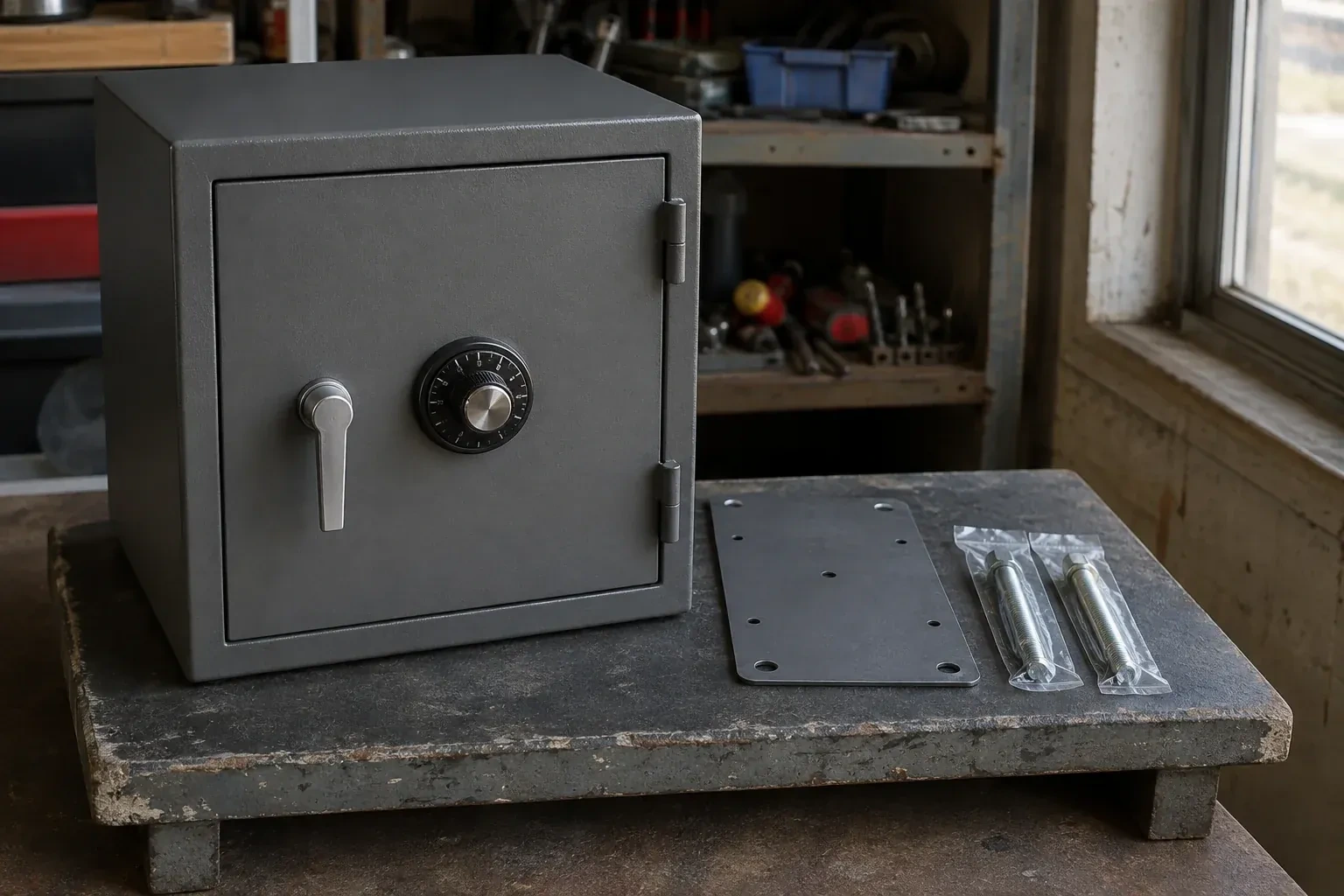 Closed small safe beside a metal plate and packaged fasteners on a workshop bench. — Safe Installation & Servicing, Halton Hills