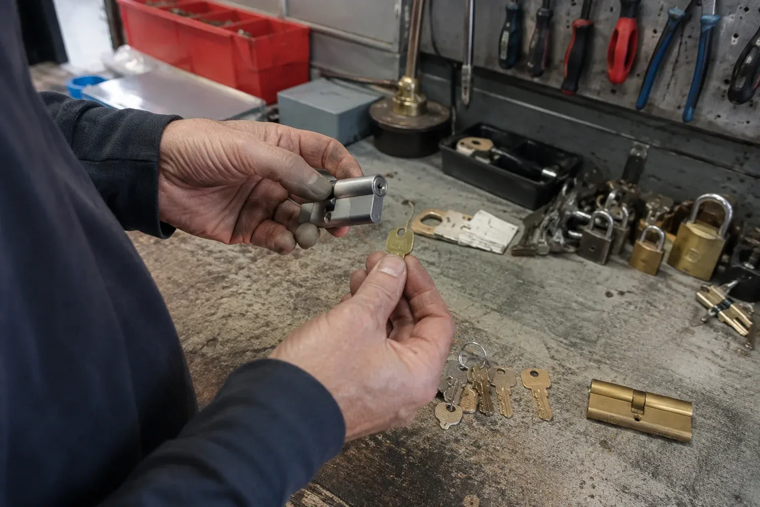 Hands holding a silver-colored lock cylinder and a brass-colored key above a workbench with padlocks, keys and tools. — Master Key System Design, Halton Hills