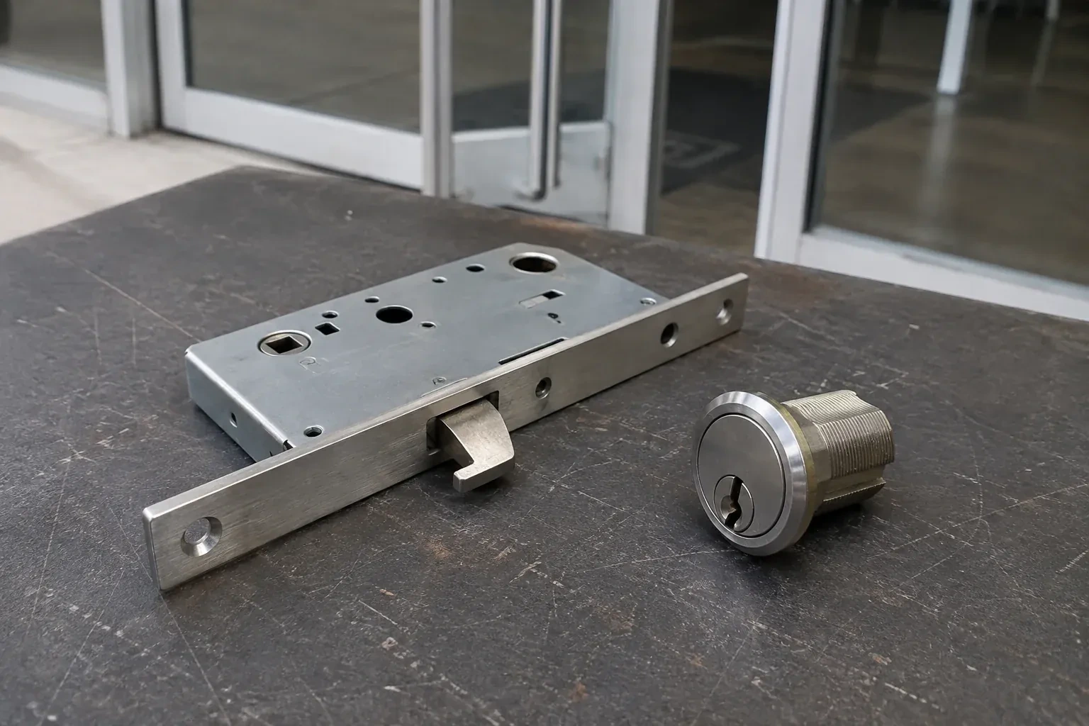 Detached mortise lock body with a projecting hook-shaped bolt beside a threaded cylinder. — Commercial-Grade Lock Replacement, Halton Hills