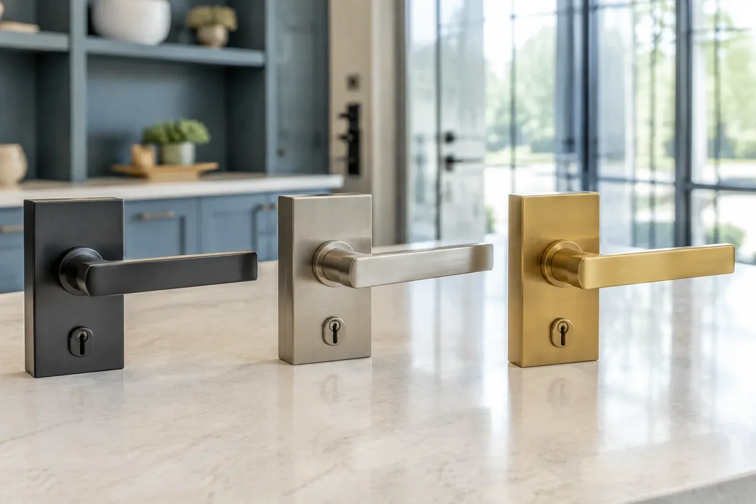 Three rectangular door-handle sets with keyholes in black, silver-colored and gold-colored finishes standing on a countertop. — Commercial Rekeying, Halton Hills