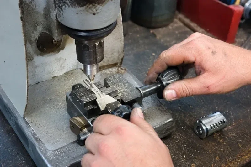 Hands operating a bench-mounted machine with a key clamped beneath a vertical cutter and a loose lock cylinder nearby. — Car Key Replacement, Halton Hills