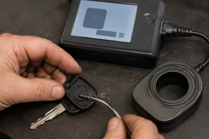 Hands using tweezers at an opened car-key head beside a small electronic unit and a ring-shaped accessory. — Transponder Key Programming, Halton Hills