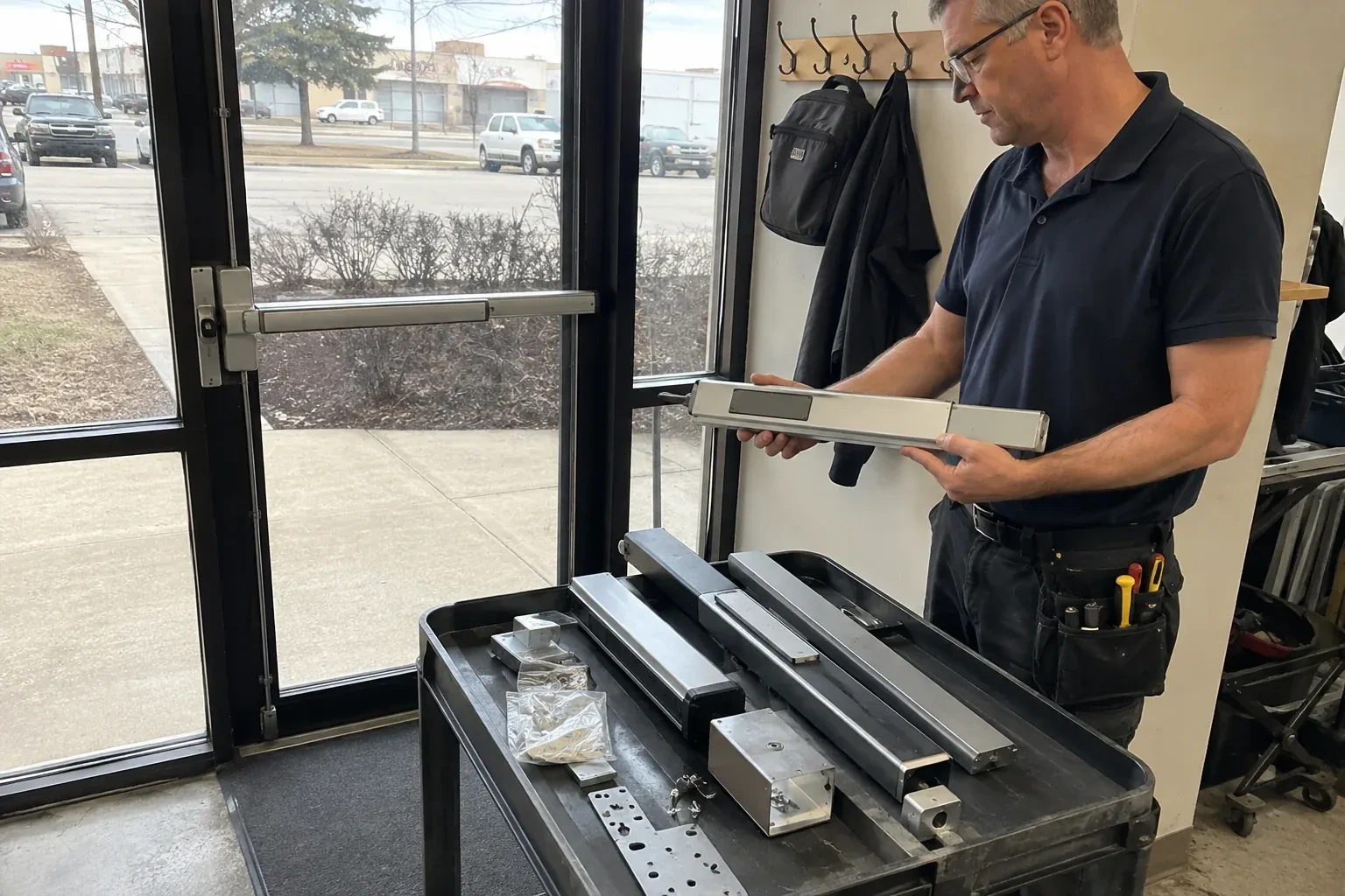 Person holding a long metal door-hardware assembly beside a cart of similar parts and a glass door fitted with a push bar. — Panic & Exit Hardware, Halton Hills