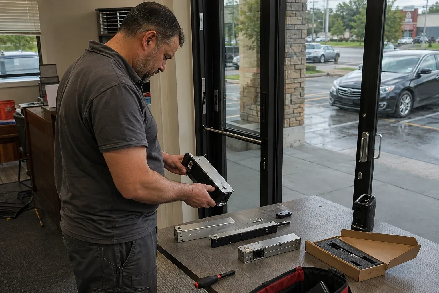Person holding a rectangular door-hardware housing at a table with additional metal assemblies beside a glass entrance. — Access Control Installation, Halton Hills