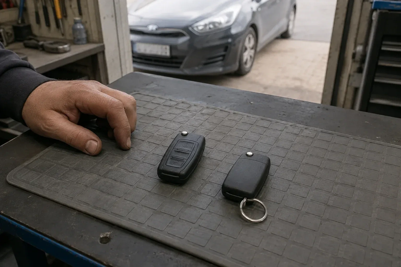 Two vehicle remote fobs on a work mat beside a technician’s hand, with a parked car beyond. — Key Fob Programming, Halton Hills