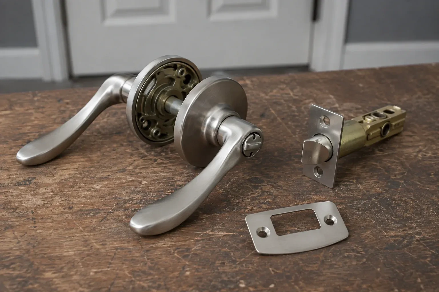 Detached satin-nickel lever hardware, tubular latch and strike plate on a wooden workbench. — Lock Replacement & Upgrade, Halton Hills