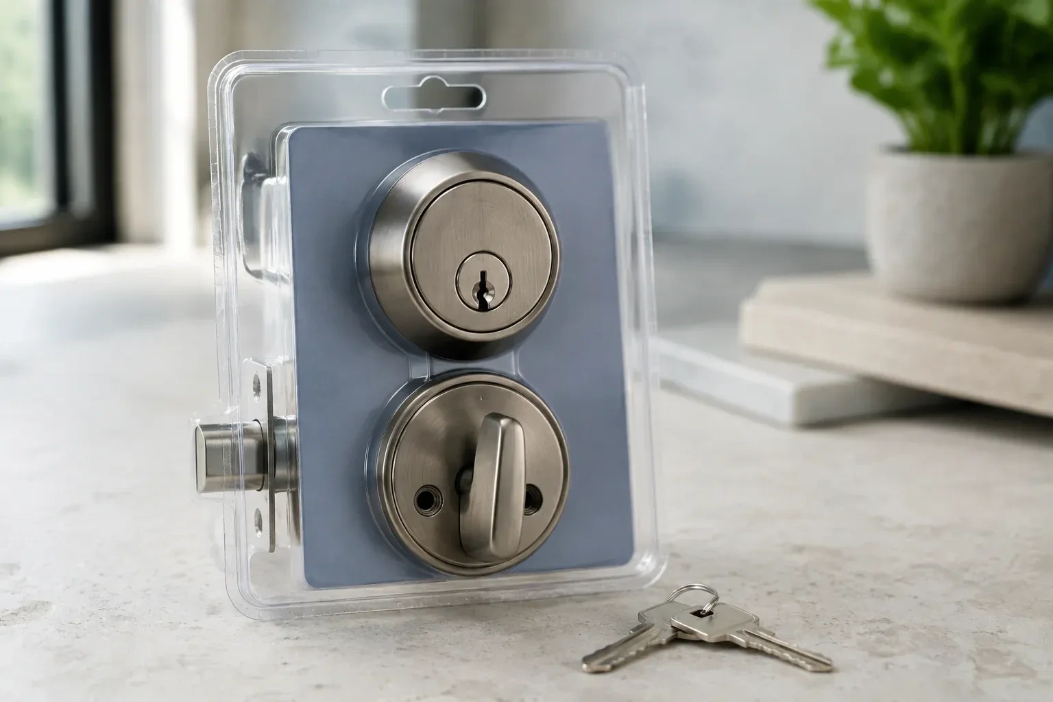 A silver-colored deadbolt set in clear packaging with two keys resting on the countertop in front. — Lock Rekeying, Halton Hills