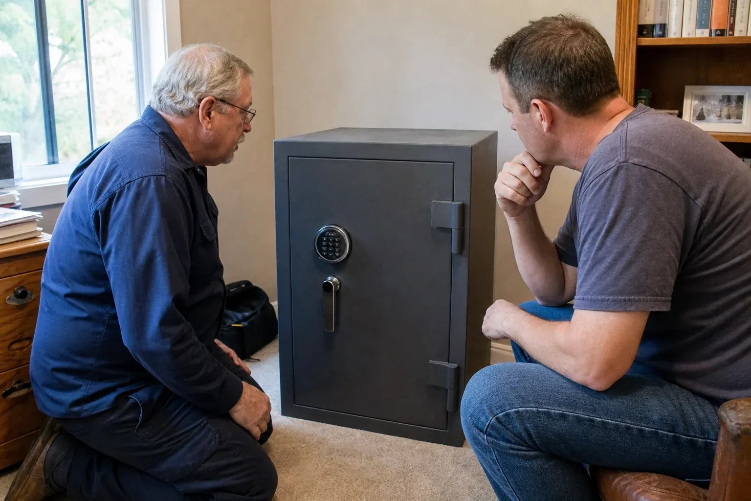 Two adults discussing a closed keypad safe in a home study. — Safe Opening & Combination Change, Halton Hills