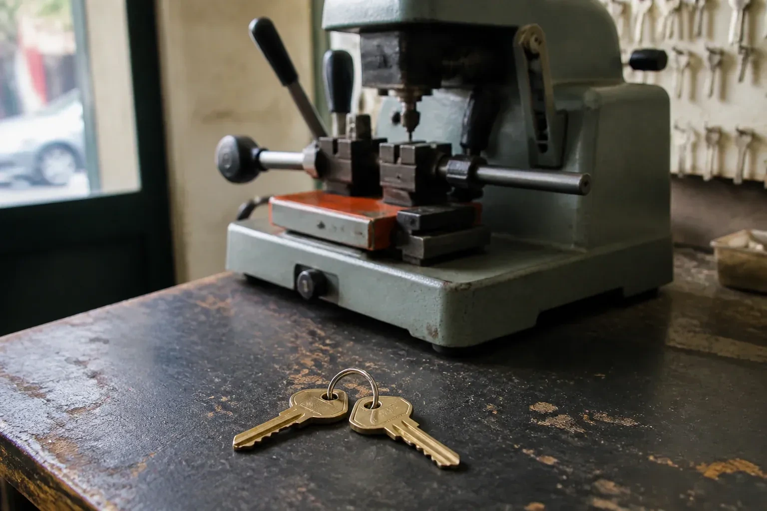 Two brass house keys on a ring resting on a workshop counter. — Spare Car Key Duplication, Halton Hills