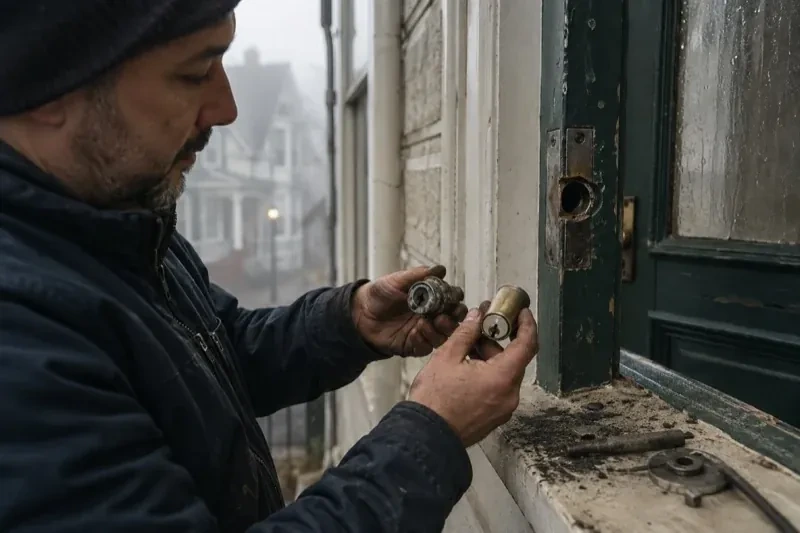 Person holding two lock cylinders beside an open painted door, with loose hardware and debris on the sill. — Seized & Jammed Lock Opening, Halton Hills