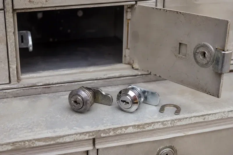 Two loose cam locks and a retaining clip resting below an open metal mailbox compartment. — Mailbox Lock Replacement, Halton Hills
