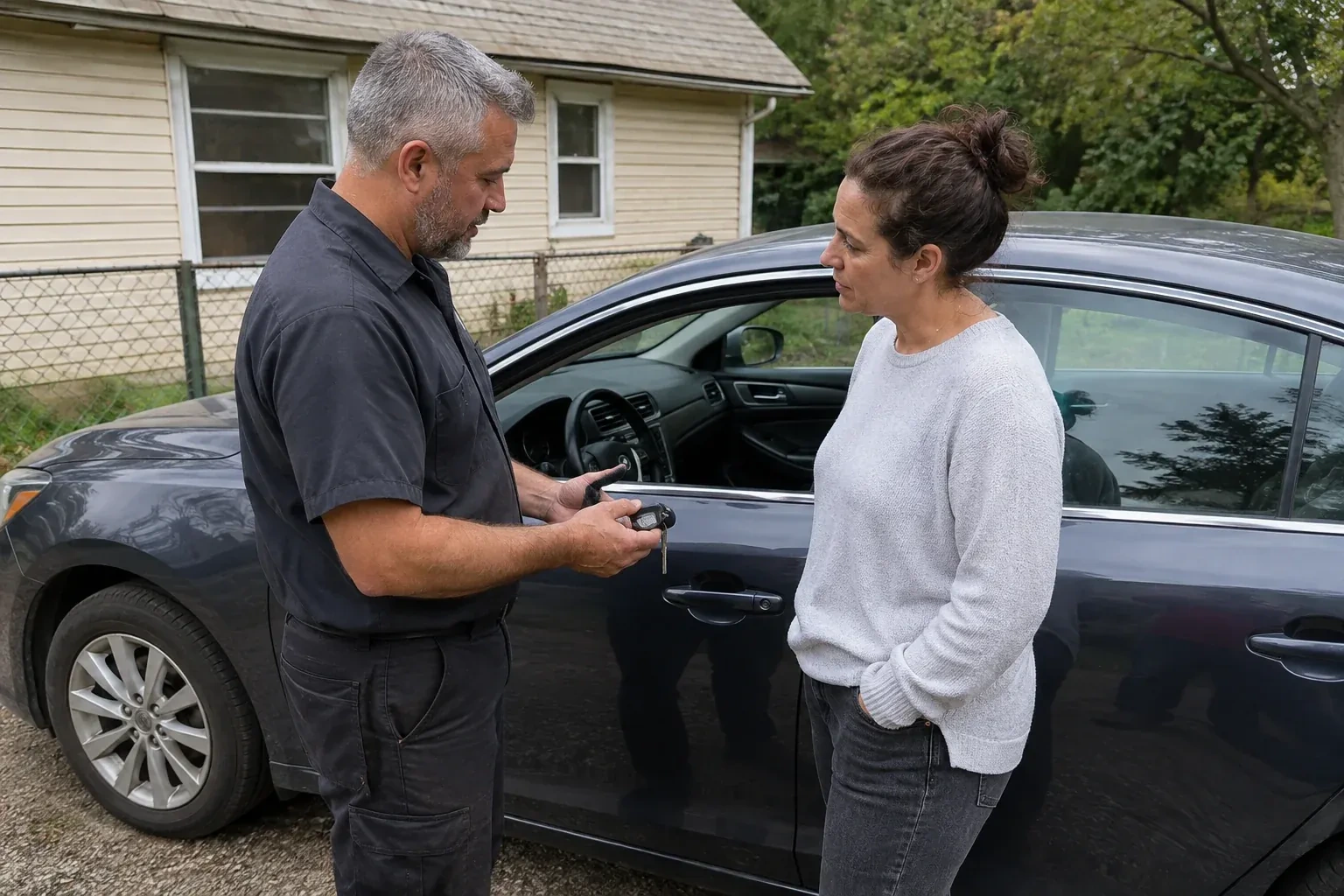 Two people standing beside a car with its window lowered, one holding a key and black key fob. — Ignition Lock Repair, Halton Hills